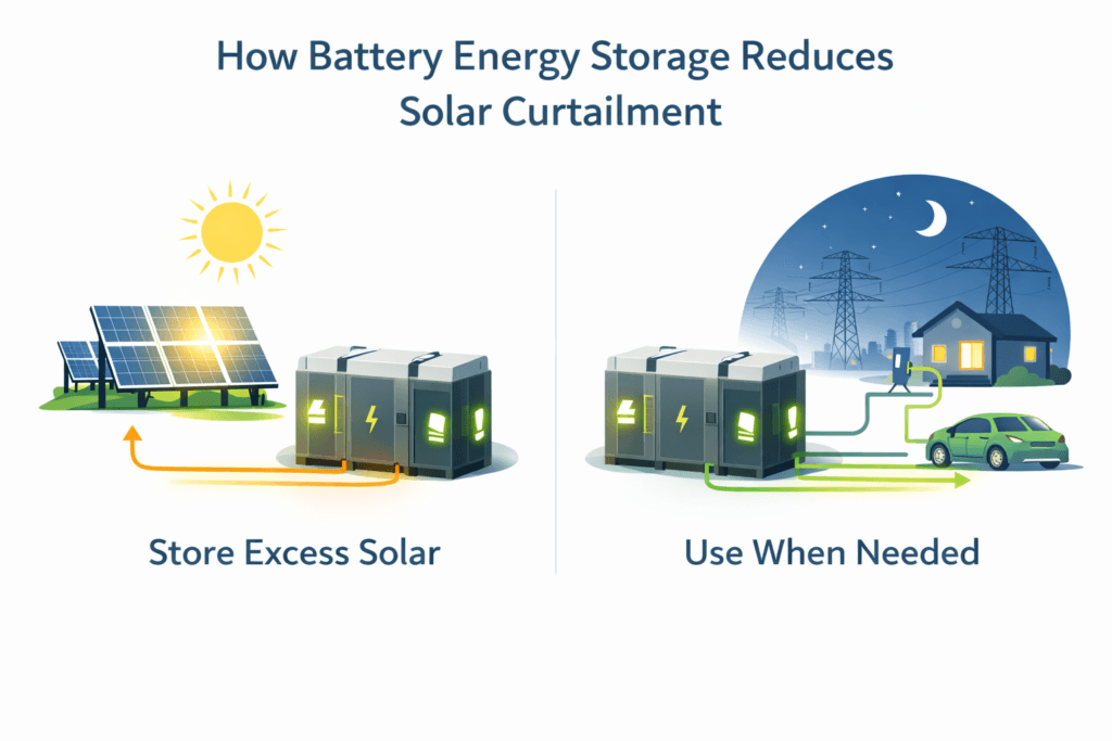 Infographic showing how battery energy storage reduces solar curtailment by storing excess solar energy during the day and supplying power to homes, EVs, and the grid at night.