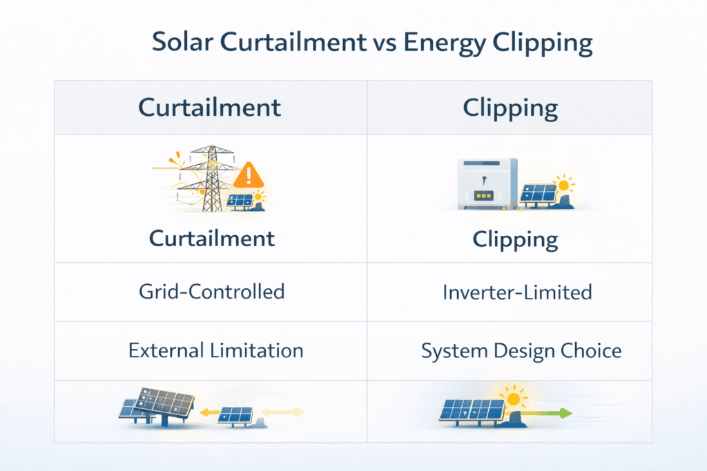 Side-by-side infographic comparing solar curtailment and energy clipping, showing grid-controlled external limitations versus inverter-limited system design choices.
