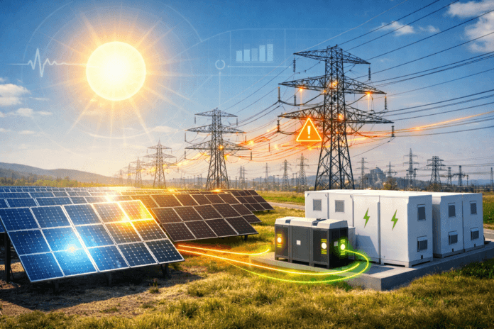 Solar power curtailment illustrated by a large solar farm with some panels producing excess electricity while others are reduced due to grid congestion, with battery energy storage shown nearby.