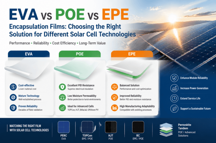 Infographic comparing EVA, POE, and EPE encapsulation for solar cells, with pros listed for each material and solar panels in the background.