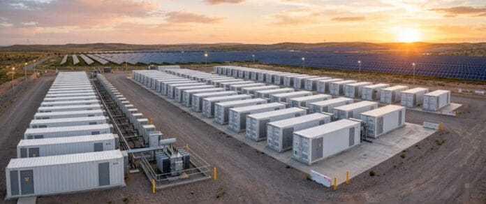 UL Certification for BESS Facility Sunset at an energy storage site with rows of gray shipping containers and utility equipment beside a solar farm in the distance.
