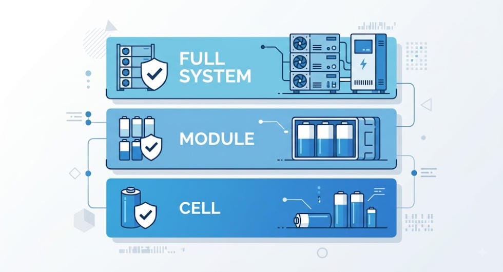UL Certification Stack: Cell to Module to Full System - The Photovoltaics Three-layer UL certification for BESS: cell, module, and full system